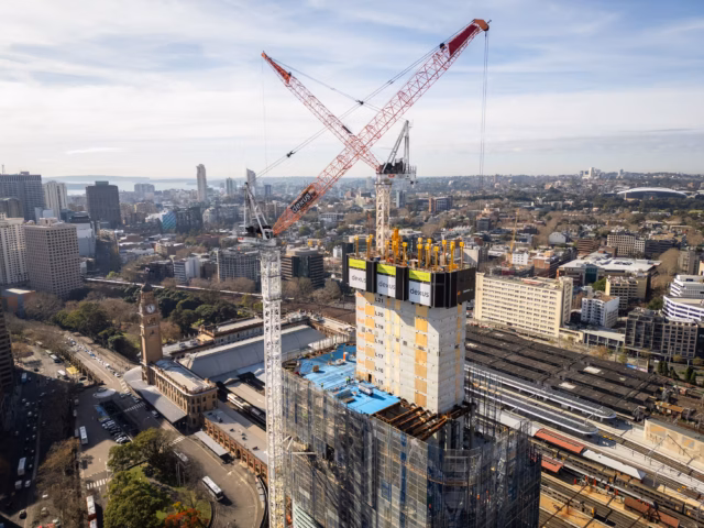 Drone photography of high rise construction at Atlassian Central and Pro media services for urban development featuring tower cranes skyscraper core progress and city planning documentation