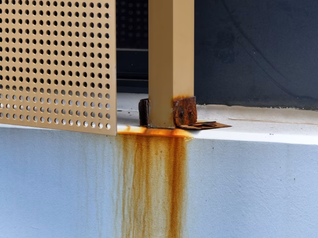 A close-up inspection photograph showing heavy orange rust corrosion and staining on a metal support beam and perforated panel attached to a white concrete ledge.