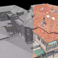 A split-screen 3D model of a large building complex, showing a gray-scale mesh geometry on the left and a full-color textured aerial view on the right.