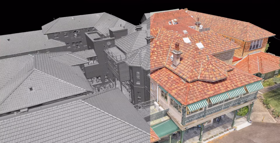 A split-screen 3D model of a large building complex, showing a gray-scale mesh geometry on the left and a full-color textured aerial view on the right.