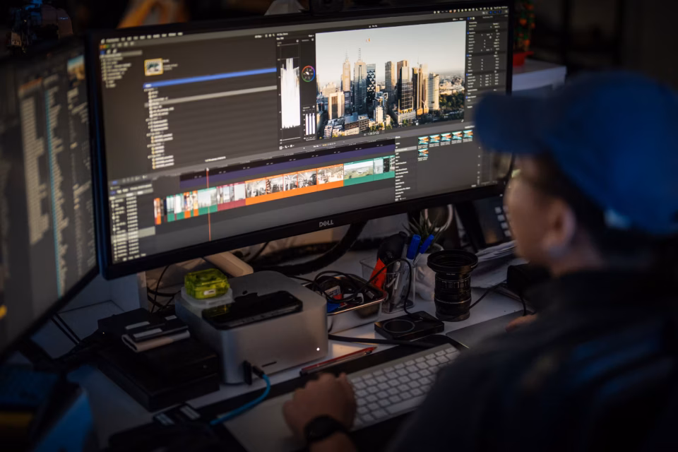 Video editor working in a dark moody studio on final cut pro adjusting the timeline.