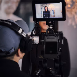 A person wearing headphones and a baseball cap operates a professional video camera, filming a subject visible on a camera monitor.