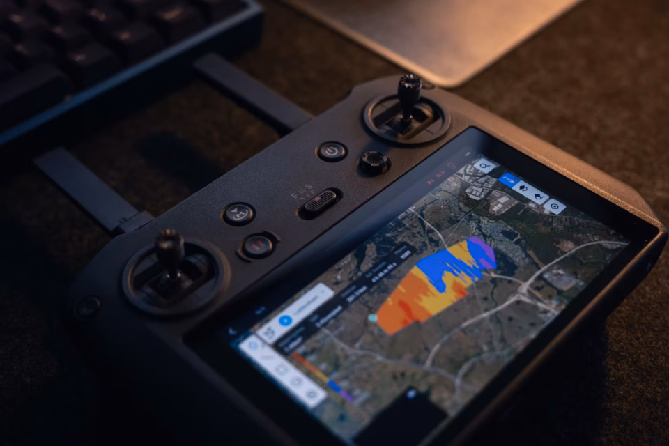 A black drone controller showing a map with coloured overlays on the screen.