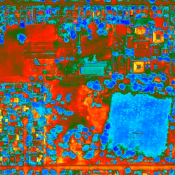 Thermal aerial map of parklands and a housing block in South Dubbo, NSW, Australia.